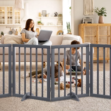 Smuxee Foldable Pet Fence Freestanding Dog Gate with 4 Support Feet Gray 6 Panel