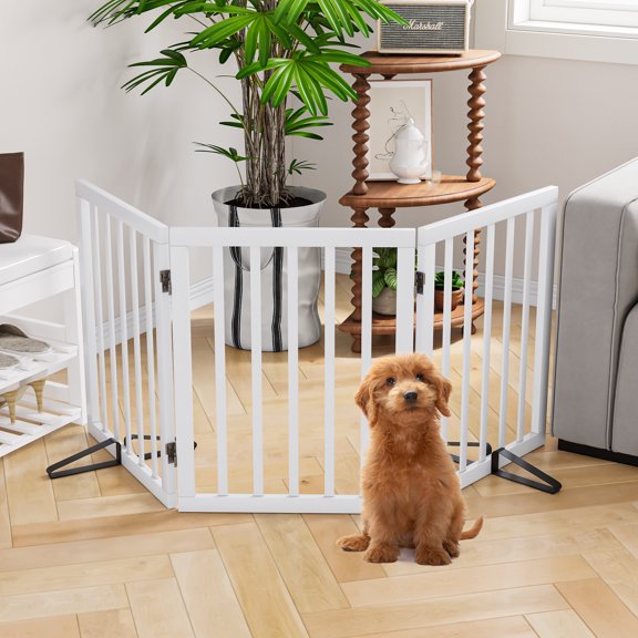 Smuxee Bamboo Freestanding Pet Gate Foldable Dog Gate with Support Feet, White, 3 Panel