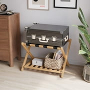 Smuxee Eco-friendly Foldable Luggage Rack with Shelves, Natural Bamboo Suitcase Stand for Guest Room Storage