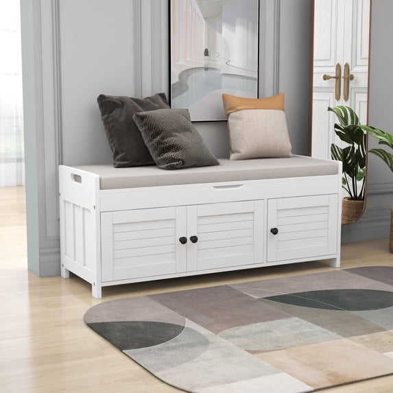 Smuxee Modern 43.5''L Storage Bench for Bedroom,2 Storage Places,3 Doors,Shoe Cabinet Entryway,White
