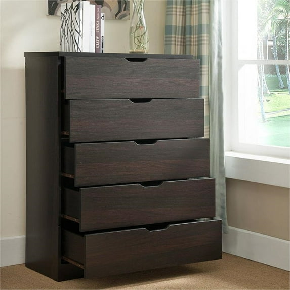 Smuxee Modern 5 Drawer Dressers for Bedroom, Wood Storage Chest of Drawers,Wine Black Dresser,Adult
