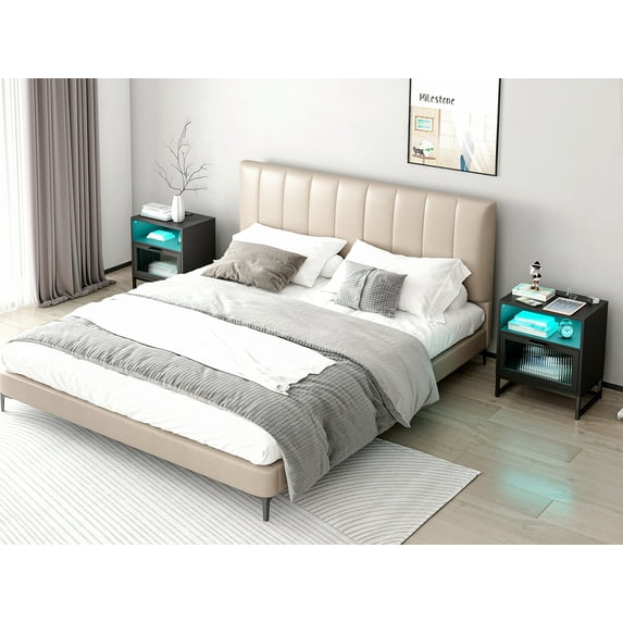 Smuxee Modern Adult Nightstand Set of 2 with Charging Port, 1 Glass Drawer, Black