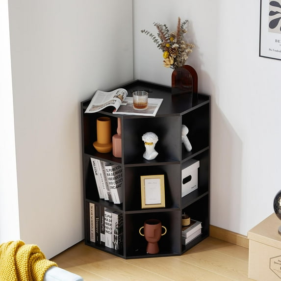 Smuxee Modern Corner Shelf with Cube Storage,USB Outlets Charging Station,Home Corner Cabinet,Black