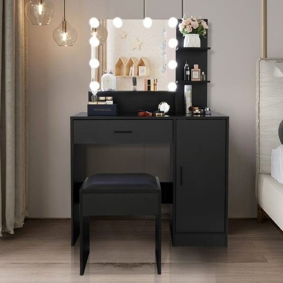 Smuxee Modern Drawer Vanity Set with Mirror and LED Lights,Makeup Dresser Table with 3 Shelves,Black
