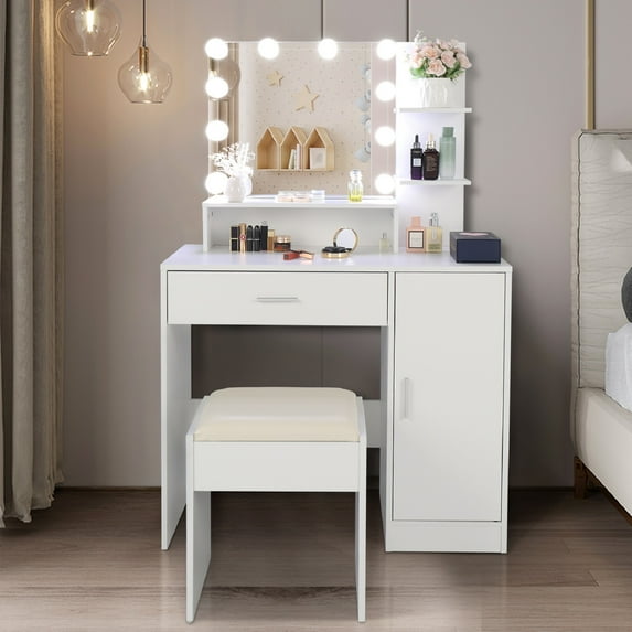Smuxee Modern Drawer Vanity Set with Mirror and LED Lights,Makeup Dresser Table with 3 Shelves,White