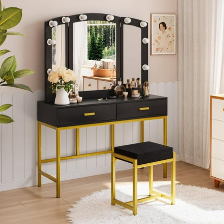Smuxee Modern Dressing Table Set, 10 LED Lights and 3pcs Mirror, 2 Storage Drawers, Black Vanity for Bedroom