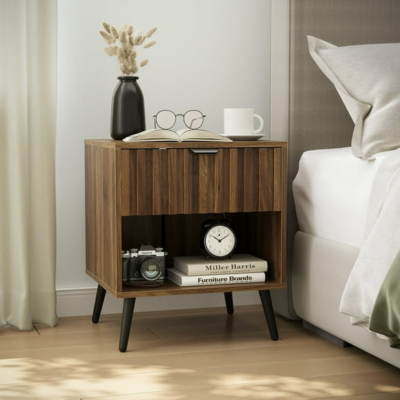 Smuxee Modern Walnut Bedside Nightstand with Fluted Drawer for Bedroom and Living Room
