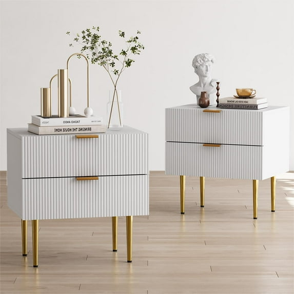 Smuxee Fashionable Durable Nightstands with Wave Pattern, 2 Drawers, White, Set of 2