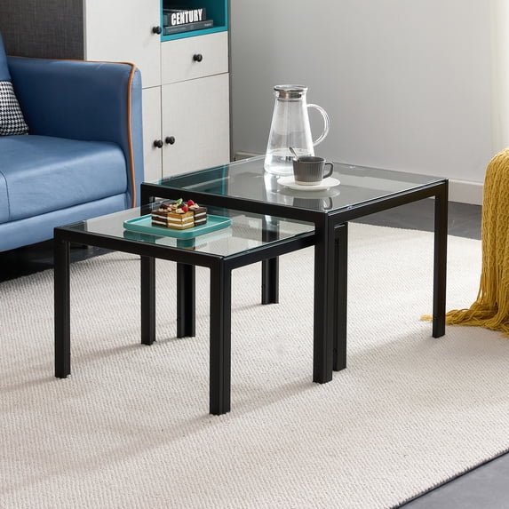 Smuxee Modern Square Nesting Coffee Table Set of 2 Transparent Glass Finish, Living Room