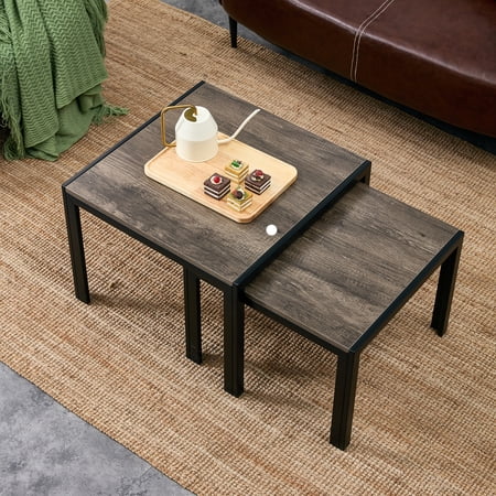 Smuxee Industrial Minimalist Compact Coffee Table Set of 2 with Side Metal Base, Wooden