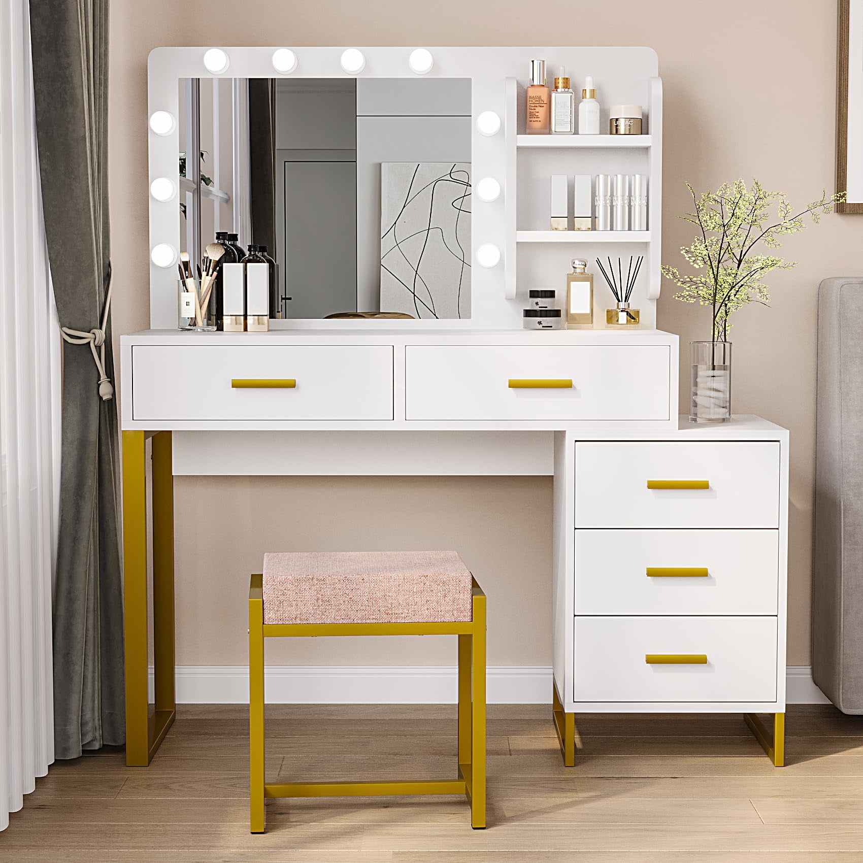 Smuxee Modern Vanity Table with 10 Lighted, 5 Drawers, Storage Shelves for Bedroom, White