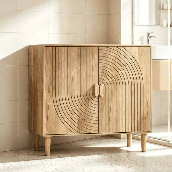 Smuxee Modern Wooden Bathroom Storage Cabinet with Carved Doors & Shelves, Freestanding Bathroom Storage Organizer,Oak