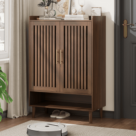 Smuxee Retro Shoe Storage Cabinet with 2 Door,Entryway Freestanding Wood Shoe Organizer for Shoes,Heels, Boots, Slippers,Walnut 31.5"W