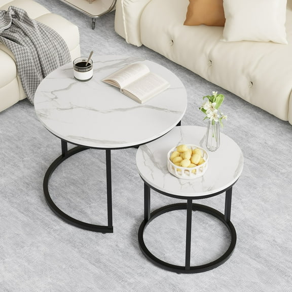 Smuxee Modern Marble-Textured Nesting Coffee Table Set, Wooden End Table for Living Room