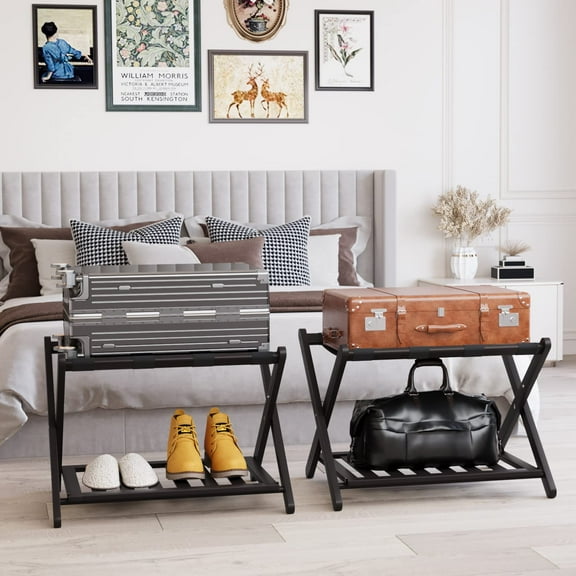 Smuxee Natural Wood Portable Durable Eco-friendly Guest Room Luggage Rack with Shelf, Espresso