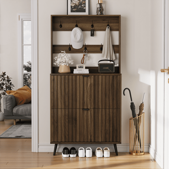 Smuxee Shoe Cabinet with Hanging Storage for Clothes and Bags,Entryway Freestanding Slim Shoe Organizer,Brown