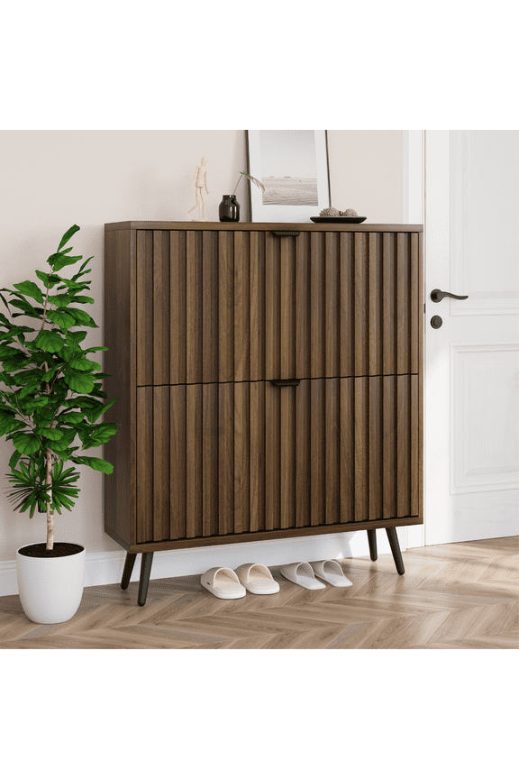 Shoe Storage Cabinet for Entryway with 2 Flip Drawers Walnut 31.5''W Freestanding Wood Hidden Shoe Organizer with Legs for Heels, Boots, Slippers
