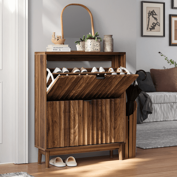 Smuxee Shoe Storage Cabinet for Entryway with 2 Flip Drawers Walnut Wave 31.5''W Freestanding Wood Hidden Shoe Organizer with Legs for Heels, Boots, Slippers