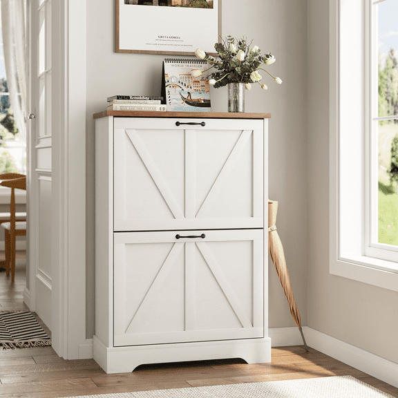 Smuxee Shoe Storage Cabinet Rack Organizer with 2 Flip Drawers,Shoe Rack for Entryway,White