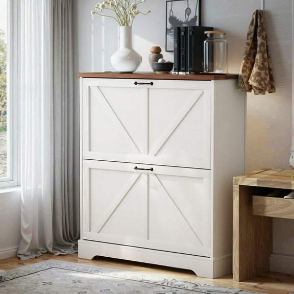 Smuxee Shoe Storage Cabinet Rack Organizer with 2 Flip Drawers,Shoe Rack for Entryway,White