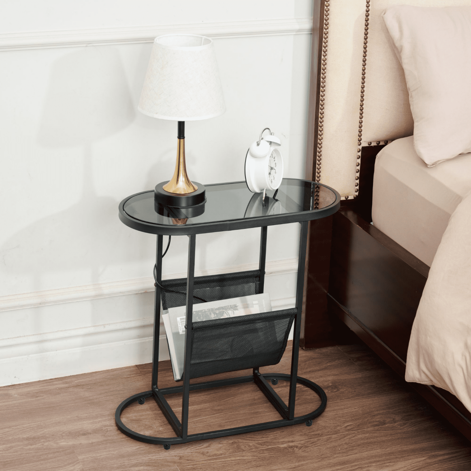 Smuxee Simple Glass Oval End Table with Magazines Storage Space, Side