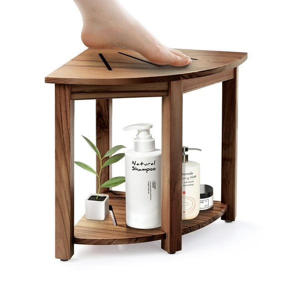 Smuxee Teak Shower Chair with Storage Shelf and Non-Slip Feet,Waterproof Bathroom Shower Stool