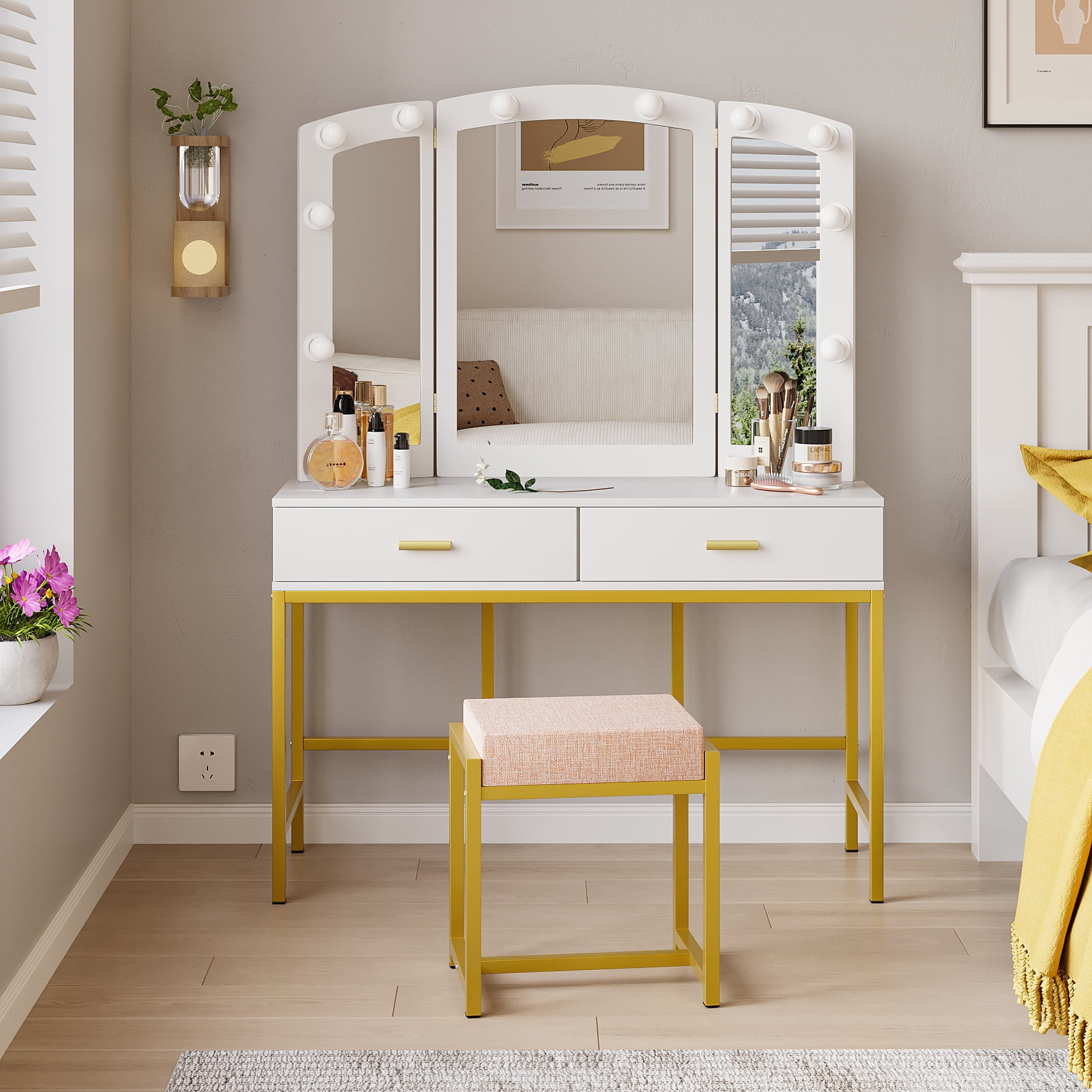 Smuxee Vanity Set with Three Fold Lighted Mirror 2 Drawers Bedroom White
