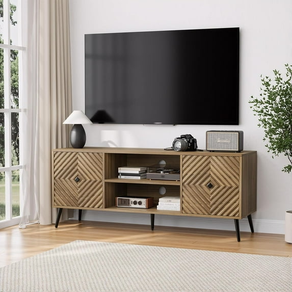 Smuxee Walnut TV Stand with Fluted Diamond Doors, 55.12" Mid Century Modern TV Media Console for TVs up to 65", TV Cabinet with Adjustable Shelf & 2 Cabinets for Living Room