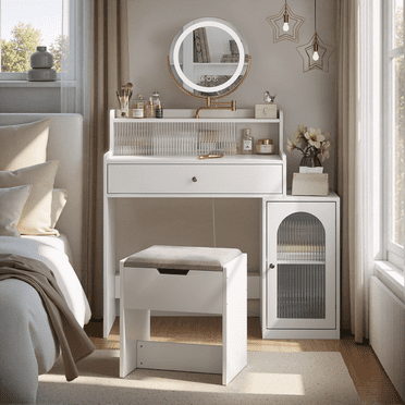 Smuxee White Vanity Set with Mirror and Lights,Makeup Vanity with Drawer and Glass Cabinet