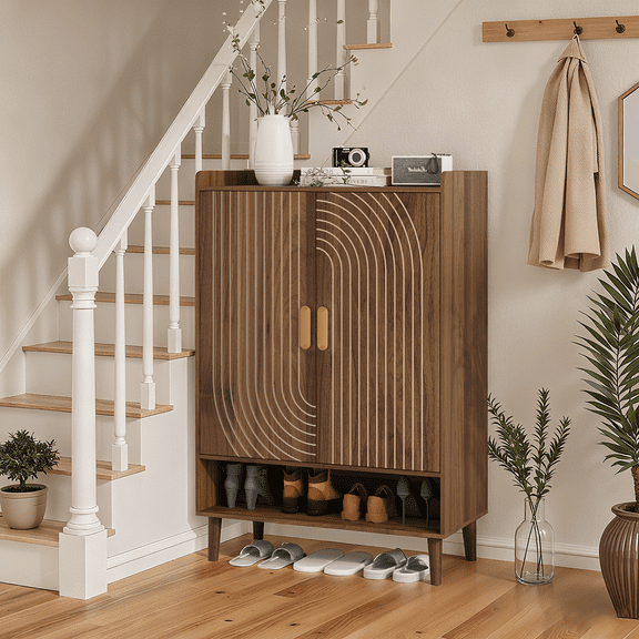 Smuxee Wooden Shoe Organizer Cabinet with 7-Tier Adjustable Shelves,Entryway Shoe Storage for Shoes,Heels,Boots,Slippers,Walnut