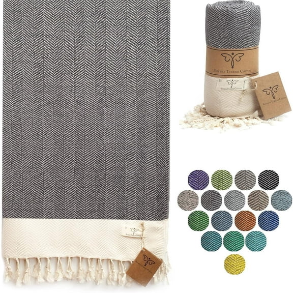 Smyrna Herringbone Series Original Turkish Beach Towel  100% Cotton, Prewashed, 37 x 71 Inches  Peshtemal and Turkish Bath Towel for SPA, Beach, Pool, Gym and Bathroom Dark Gray