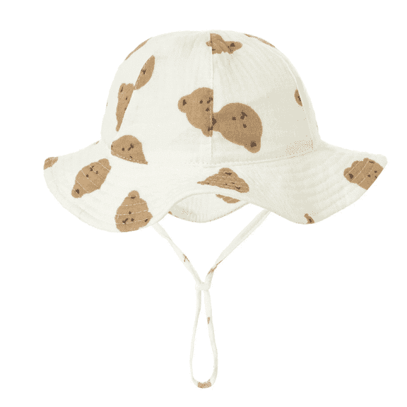 SnD Plus Baby Adjustable Bucket Hat Breathable Muslin Cotton Sun Hat Wide Brim Sun Protection Bucket Cute Unisex Baby Boys Girls 0-5 Years Bear