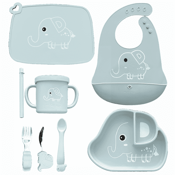 SnD Plus Silicone Baby Feeding Set – 8 PCS Toddler Self-Feeding Set with Suction Plate, Placemat, Adjustable Bib, Sippy Cup, Straw, Two Spoon, Fork – Blue Elephant