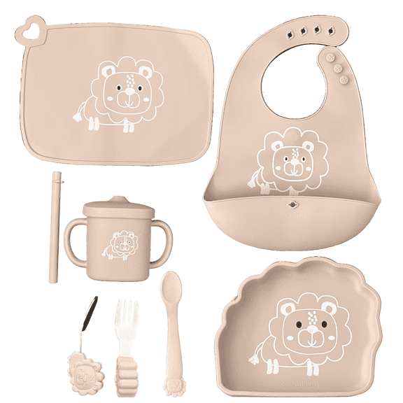 SnD Plus Silicone Baby Feeding Set – 8 PCS Toddler Self-Feeding Set with Suction Plate, Placemat, Adjustable Bib, Sippy Cup, Straw, Two Spoon, Fork – Green Bunny