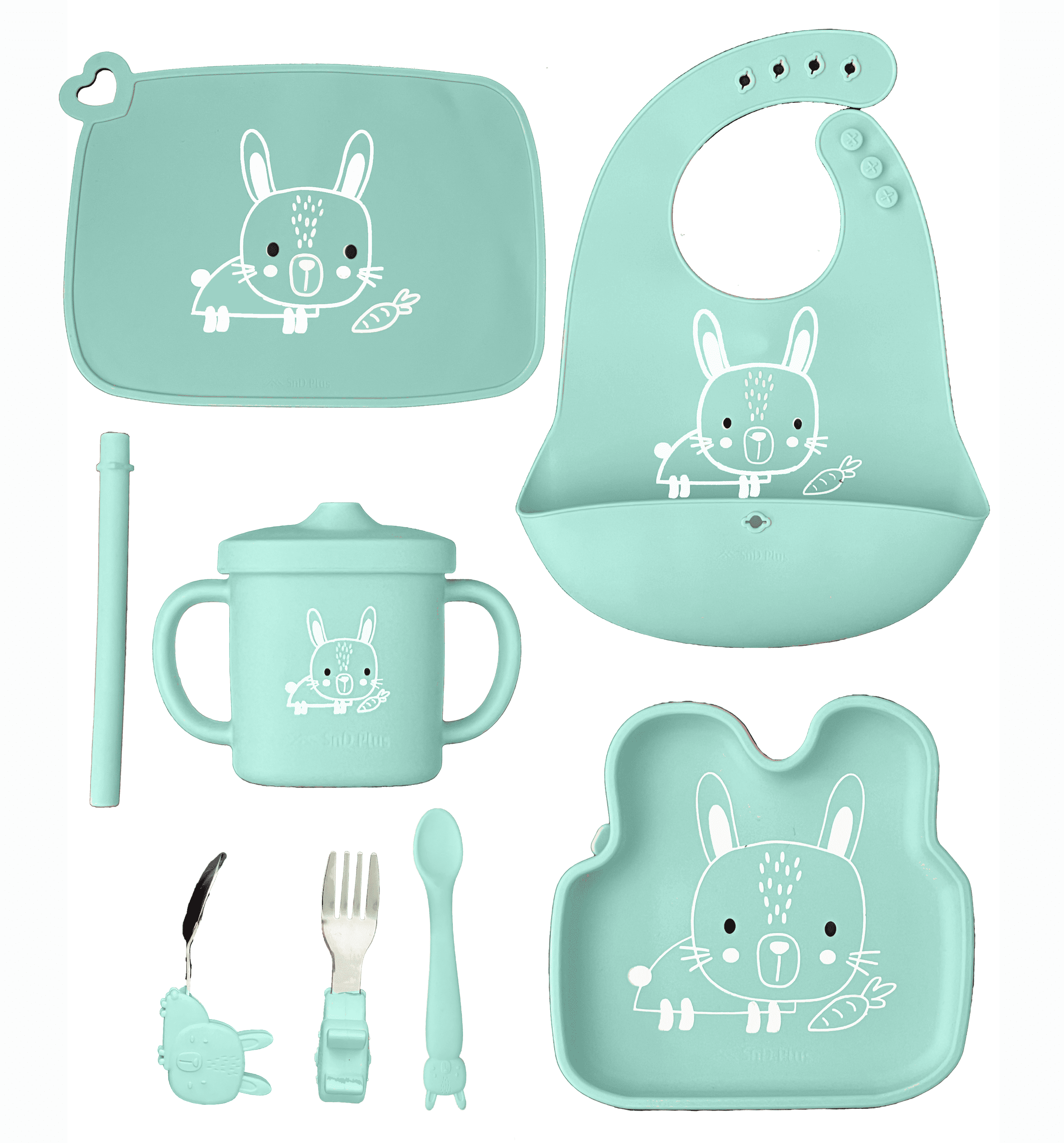 SnD Plus Silicone Baby Feeding Set – 8 PCS Toddler Self-Feeding Set with Suction Plate, Placemat, Adjustable Bib, Sippy Cup, Straw, Two Spoon, Fork – Green Bunny