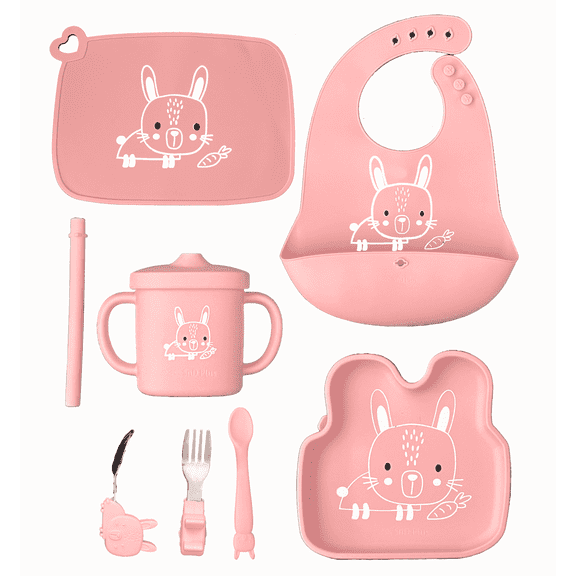 SnD Plus Silicone Baby Feeding Set – 8 PCS Toddler Self-Feeding Set with Suction Plate, Placemat, Adjustable Bib, Sippy Cup, Straw, Two Spoon, Fork – Pink Bunny