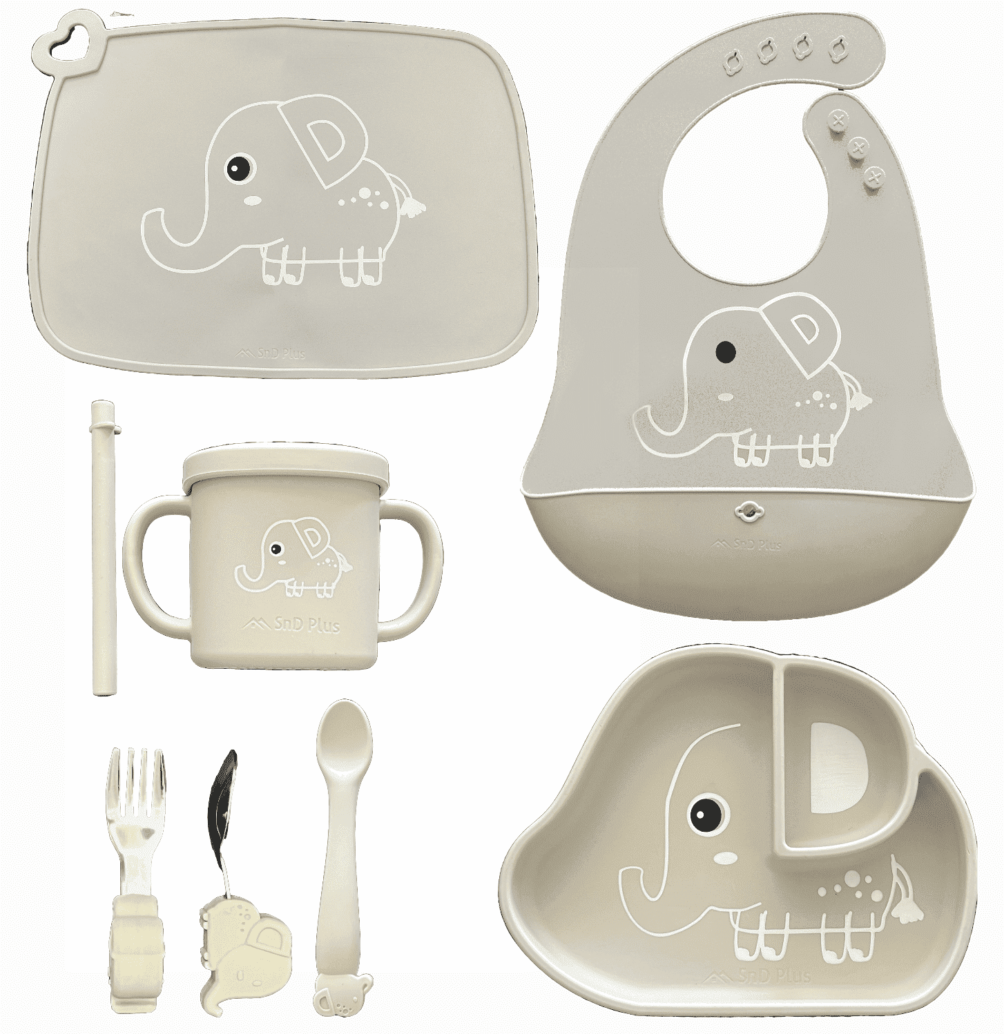 SnD Plus Silicone Baby Feeding Set – 8 PCS Toddler Self-Feeding Set with Suction Plate, Placemat, Adjustable Bib, Sippy Cup, Straw, Two Spoon, Fork – Vanilla Elephant