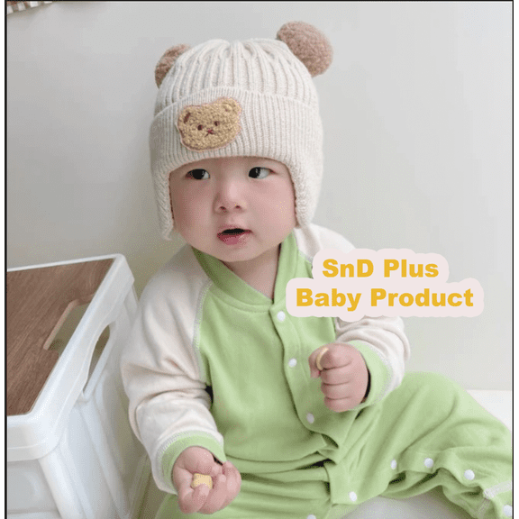 SnD Plus Toddler Winter Warm Bear Beanie Hat – White, Soft Cotton & Wool Knit Baby Hat with Pompom and Ear Protection, Unisex for 0–36 Months White