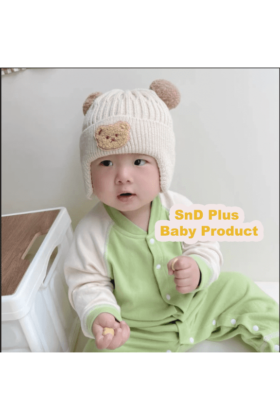 Toddler Winter Warm Bear Beanie Hat – White, Soft Cotton & Wool Knit Baby Hat with Pompom and Ear Protection, Unisex for 0–36 Months White