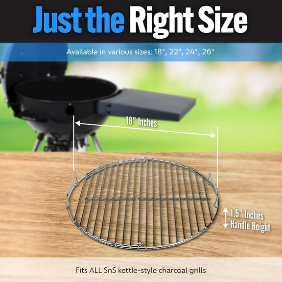 SnS Grills EasySpin Charcoal Grill Grate, 304 Stainless Steel, 18" Inches, Perfect for 2-Zone Cooking, Replacement Grate Compatible with  & Other Grills