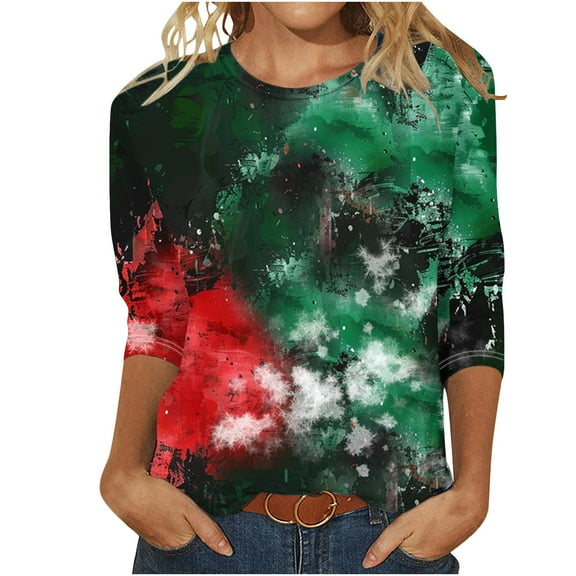 SnZhen 3/4 Length Sleeve Womens Tops Women's Fashion Printed T-shirt 3/4 Sleeves Blouse Round Neck Casual Tops