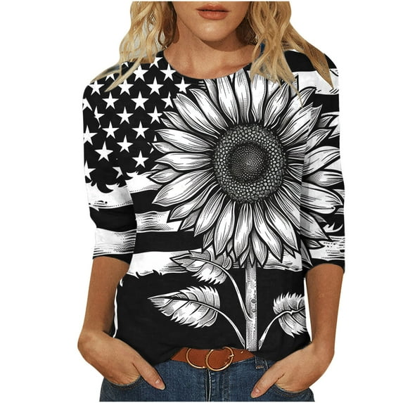 SnZhen 3/4 Length Sleeve Womens Tops Women's Fashion Printed T-shirt 3/4 Sleeves Blouse Round Neck Casual Tops