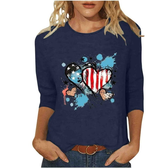 SnZhen 3/4 Length Sleeve Womens Tops Women's Fashion Printed T-shirt 3/4 Sleeves Blouse Round Neck Casual Tops