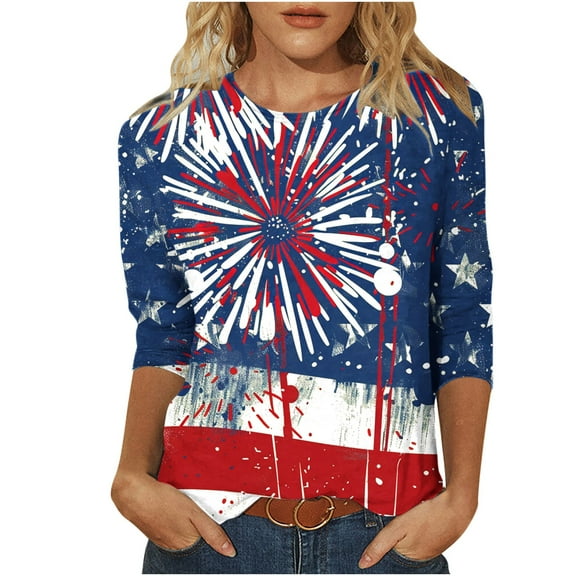 SnZhen 3/4 Length Sleeve Womens Tops Women's Fashionable Independence Day Prints Printed Round Neck Three-quarter Sleeve 3/4 Sleeve T-Shirt Top