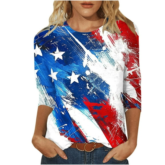 SnZhen 3/4 Length Sleeve Womens Tops Women's Fashionable Independence Day Prints Printed Round Neck Three-quarter Sleeve 3/4 Sleeve T-Shirt Top
