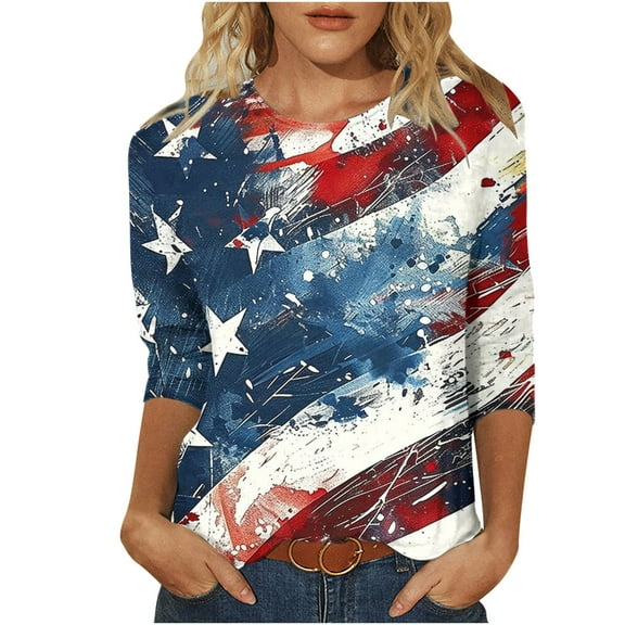 SnZhen 3/4 Length Sleeve Womens Tops Women's Fashionable Independence Day Prints Printed Round Neck Three-quarter Sleeve 3/4 Sleeve T-Shirt Top