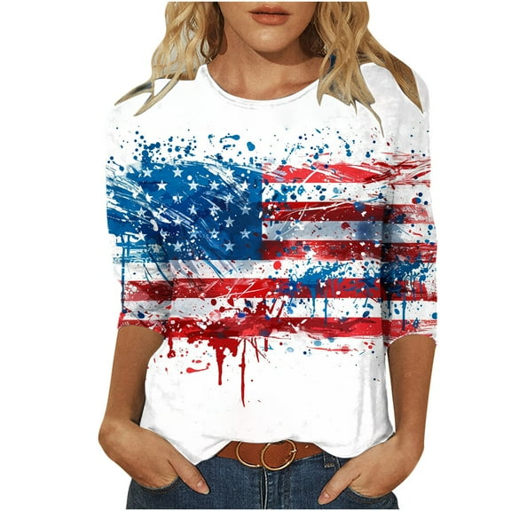SnZhen 3/4 Length Sleeve Womens Tops Women's Fashionable Independence Day Prints Printed Round Neck Three-quarter Sleeve 3/4 Sleeve T-Shirt Top