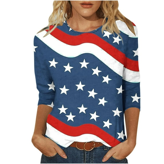 SnZhen 3/4 Length Sleeve Womens Tops Women's Fashionable Independence Day Prints Printed Round Neck Three-quarter Sleeve 3/4 Sleeve T-Shirt Top