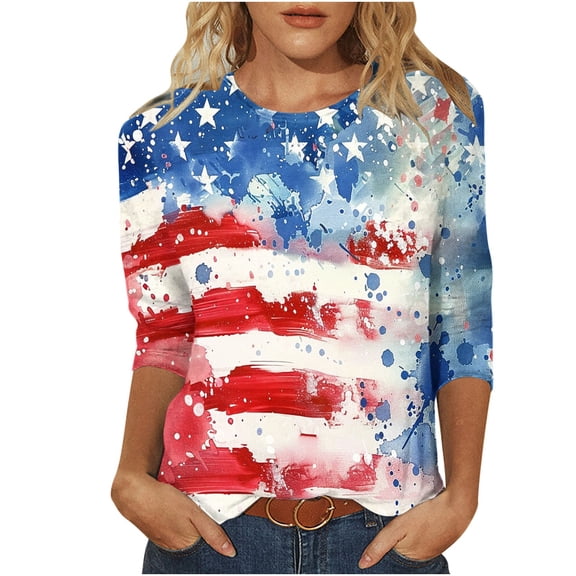 SnZhen 3/4 Length Sleeve Womens Tops Women's Fashionable Independence Day Prints Printed Round Neck Three-quarter Sleeve 3/4 Sleeve T-Shirt Top