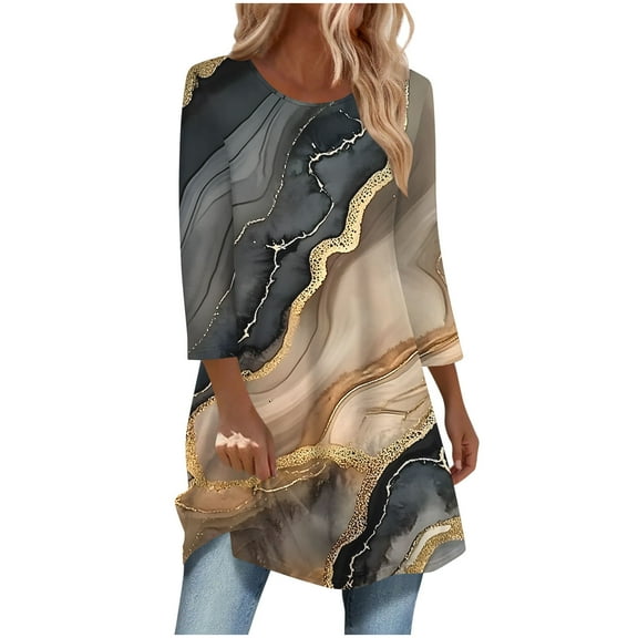 SnZhen 3/4 Sleeve Shirts for Women Women's Fashion Printed Crew Neck Long Tops With Curved Bottom